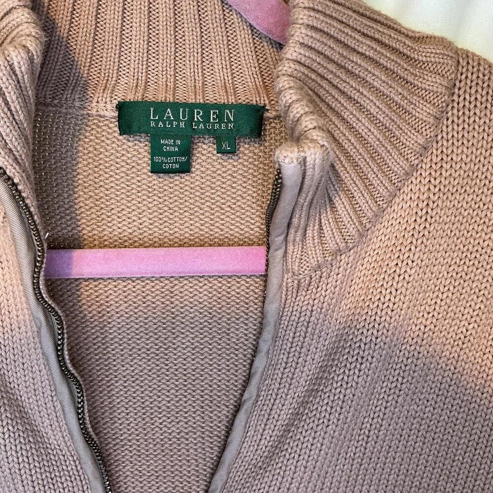 90s Y2K Lauren Ralph Lauren Full Zip Mock Neck Sweater Beige Tan VTG Size XL